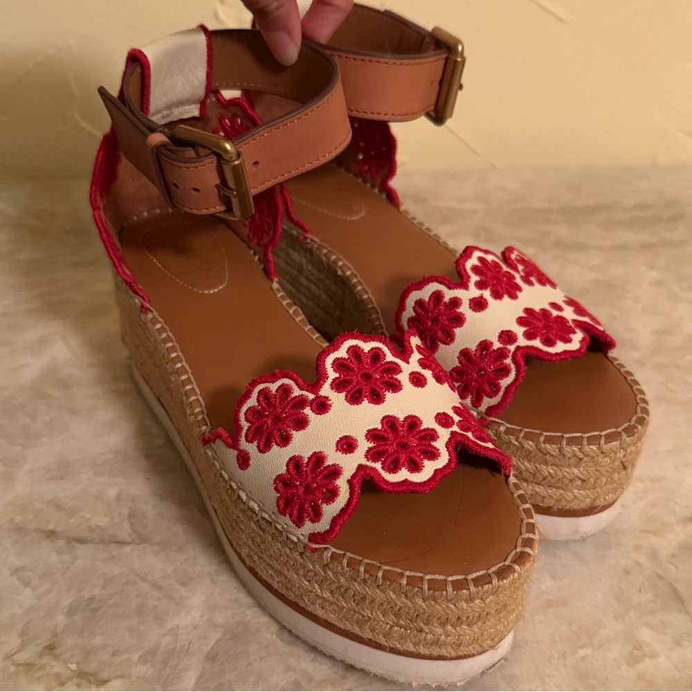 See by Chloe Red and White Floral Espadrille Sandals